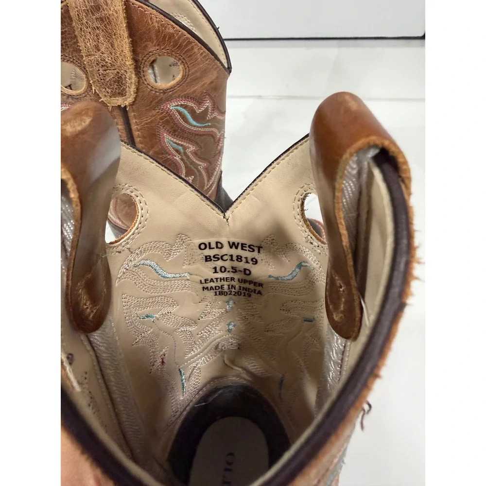 Old West Kids Brown Leather Square Toe Western Cowboy Boots BSC1819 Size 10.5 D